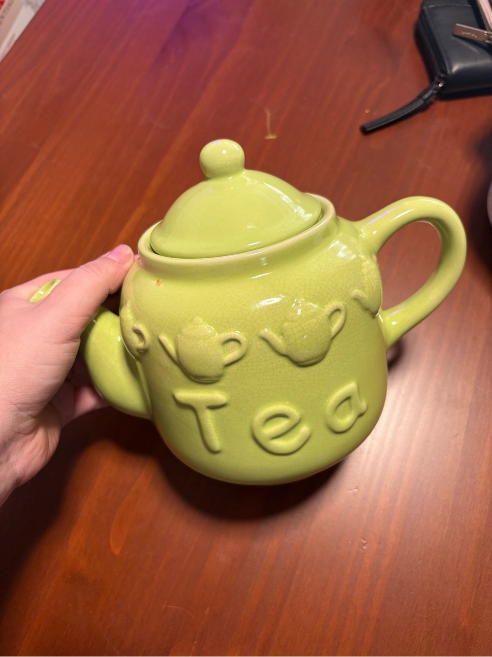 *Rare* Green Ceramic 'Tea' Teapot with Embossed Teapot Motif